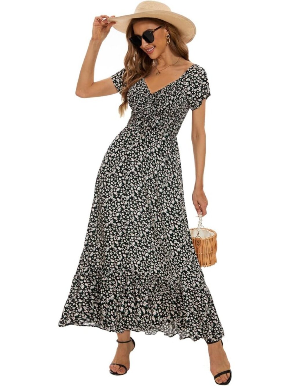 Women Black White Floral Smocked Maxi Boho Flowy Tiered A-Line Party Long Dress